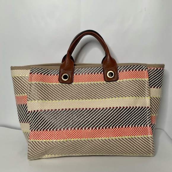 Jen & Co Woven Patterned Cotton Peach Cream Grey Striped Tote Bag Lined Interior - Picture 4 of 15